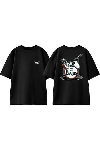 THEWERT The Beatles The Snoopy Design Back Printed Βαμβακερό μαύρο μπλουζάκι Oversize