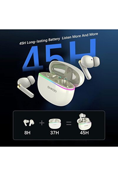 Generic سماعات أذن لاسلكية SHKOD AirLits5 Pro، 4 ميكروفونات ENC، بطارية 45 ساعة، مشغل 13 مم، بلوتوث 5.4، أبيض