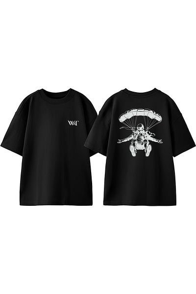 THEWERT Parachuting Man Design Back Printed Cotton Black Oversize T-Shirt