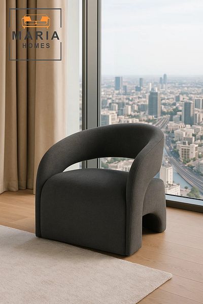 MARIA HOMES Contemporary Curved Armchair in Dark Gray Fabric – Modern Lounge Accent Chair