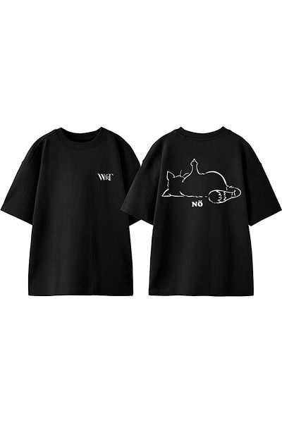 THEWERT No Cat Design Back Printed Cotton Black Oversize T-Shirt