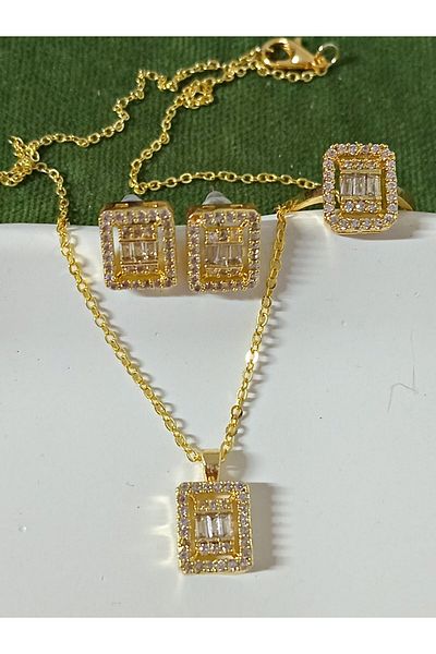 mos&more Baguette Stone Necklace, Earrings and Ring Set, Set of 4