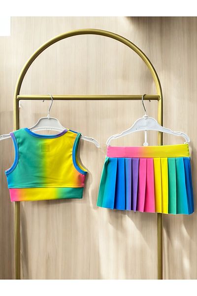 Lyrax Colorful Pleated Skirt 2-Piece Swimsuit with Shorts & Sports Tank Top