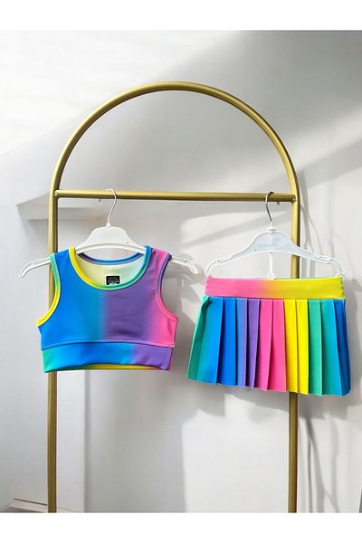 Lyrax Colorful Pleated Skirt 2-Piece Swimsuit with Shorts & Sports Tank Top