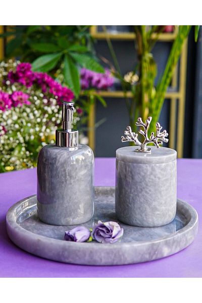 mar&more 3 Pieces Rolin Grey Marble Bathroom Set 3 Pieces - Silver Coral Grey Marble