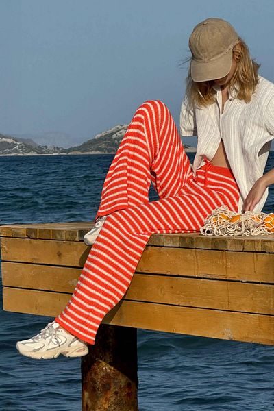 CHUBA Women's Flared Knitwear Flare Fit Striped Patterned Pants Orange-Vanilla 25S3027
