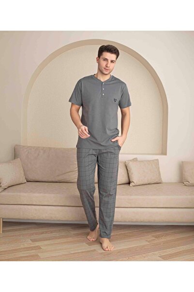 Tarık Father Son Combination Short Sleeve Buttoned Collar Long Bottom Combed Fabric Medium Thick V-Neck Pajamas Set