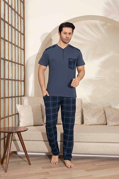 Tarık Father Son Combination Short Sleeve Checked Long Bottom Combed Fabric Medium Thick V-Neck Pajamas Set-3993