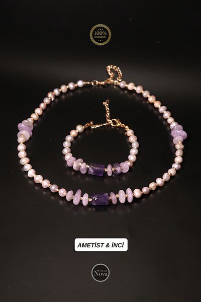 CessNova Certified 100% Genuine Amethyst and Pearl Design Necklace, Bracelet Set