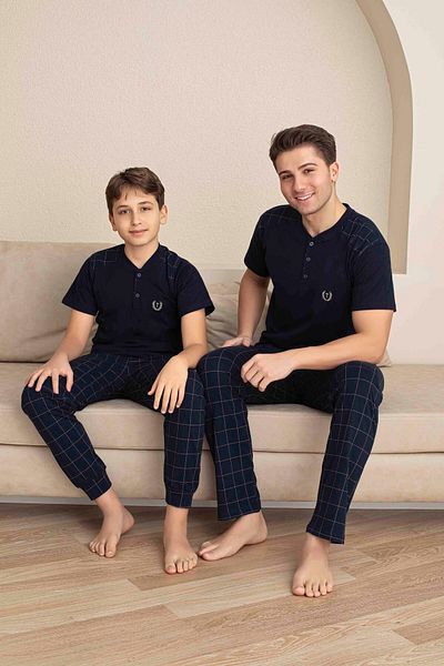 Tarık Father Son Combination Short Sleeve Button Collar Long Bottom Combed Fabric Medium Thick Pajama Set-3989