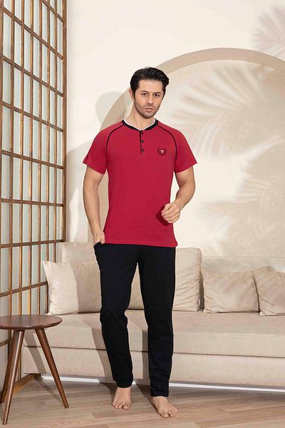 Tarık Men's Short Sleeve Button Collar Long Bottom Combed Fabric Medium Thick V-Neck Pajamas Set-5313