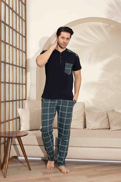 Tarık Father Son Combination Short Sleeve Checked Long Bottom Combed Fabric Medium Thick V-Neck Pajamas Set-3993