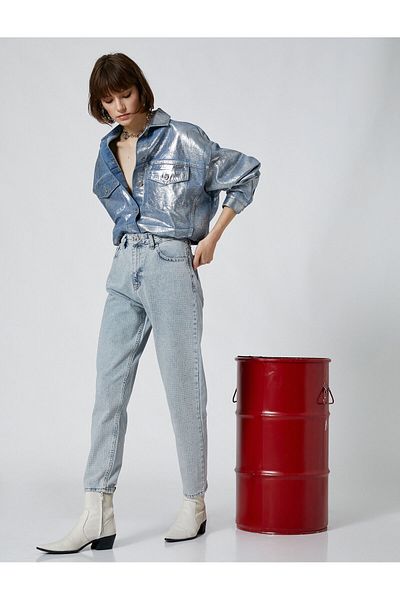 Koton High Waist Jeans with Shiny Stones and Short Leg Pockets - Mom Jean