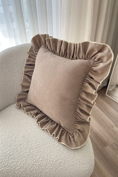 RİTMOHOME Fırfırlı, Vintage, Country, Iskandinav, Bohem 45x45 Dekoratif Kırlent Kılıfı Krem, Toprak