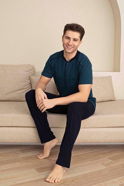 Tarık Men's Short Sleeve Button Collar Long Bottom Combed Fabric Medium Thick V-Neck Pajamas Set-5313