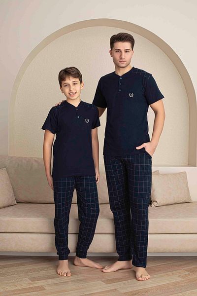 Tarık Father Son Combination Short Sleeve Button Collar Long Bottom Combed Fabric Medium Thick Pajama Set-3989