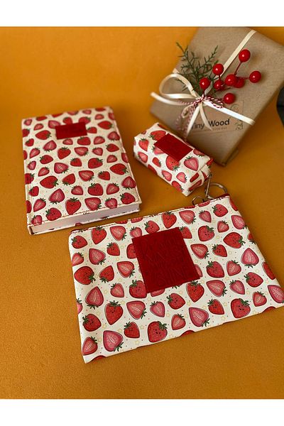 tiny wood Strawberry-Owl Patterned Leather Covered Notebook Set |   14X20 cm Striped Notebook