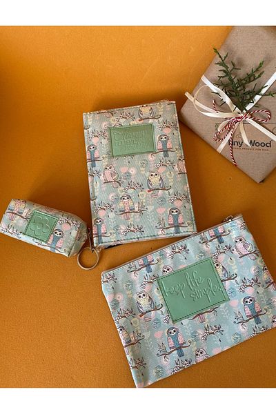 tiny wood Strawberry-Owl Patterned Leather Covered Notebook Set |   14X20 cm Striped Notebook