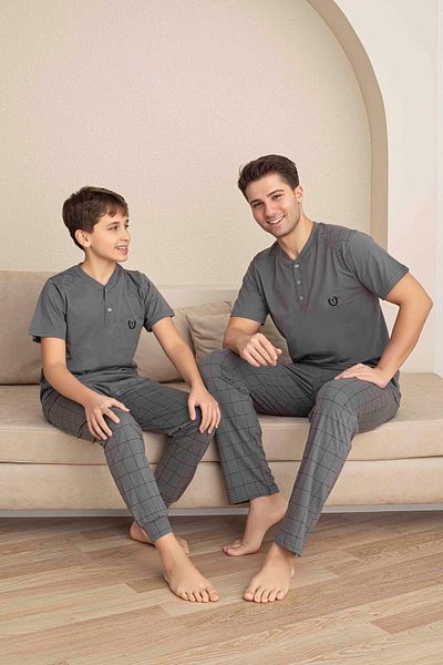 Tarık Father Son Combination Short Sleeve Buttoned Collar Long Bottom Combed Fabric Medium Thick V-Neck Pajamas Set