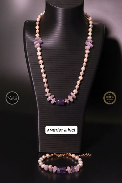 CessNova Certified 100% Genuine Amethyst and Pearl Design Necklace, Bracelet Set