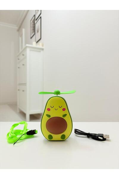 Store Avokado Görünümlü Elde ve Masada Kullanılabilir Boyun Askılı Şarjlı Aynalı ve Işıklı Yeşil Mini Fan