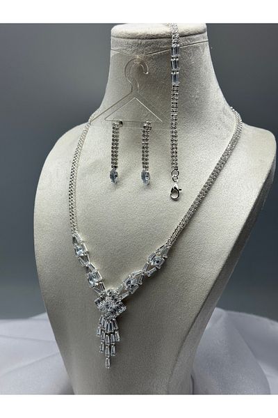 HADRA ACCESSORİES Square Model Stylish Zircon Waterway Evening Dress Necklace Earrings Bracelet Set Bridal Jewelry Set Engagement Set Wedding Set