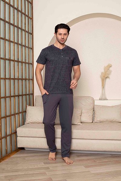 Tarık Men's Short Sleeve Button Collar Long Bottom Combed Fabric Medium Thick V-Neck Pajamas Set-5313