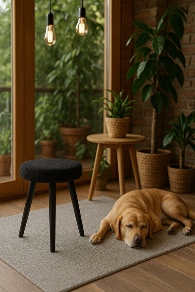 decosense Cozy Peluş Puf Dekoratif Ahşap 3 Siyah Ayaklı Tabure Şık Konforlu Yumuşacık Modern ve Rahat Oturak