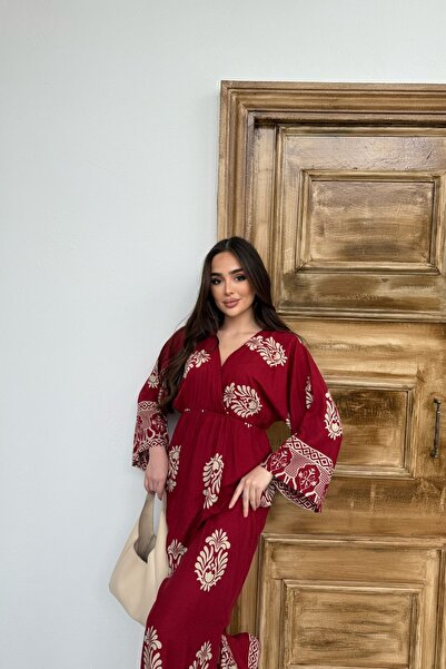 Mezka Rochie cu mânecă lungă burgundă cu model autentic