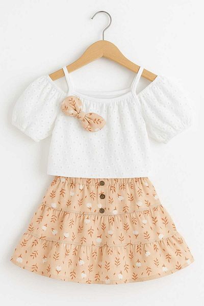 Midani Store 3 Piece Summer Girl's Suit White Lace Blouse Suspender Underwear Tank Top Floral Patterned Skirt Summer 2-5 Years