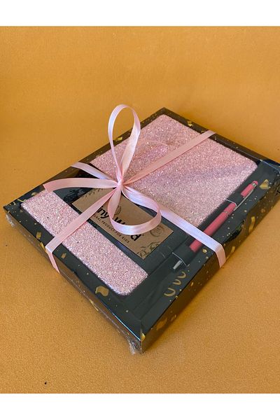 tiny wood Glitter Cover Notebook, Makeup / Pen Bag and 1 Pen Gift Set