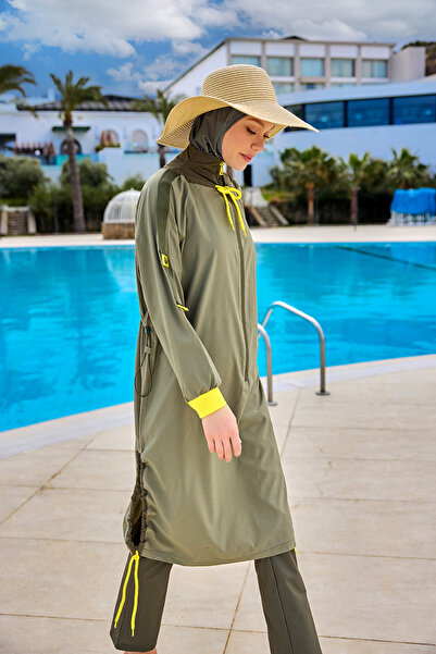 Marina Swimwear Haki Tam Kapalı Tesettür Mayo Sabitlemeli,
