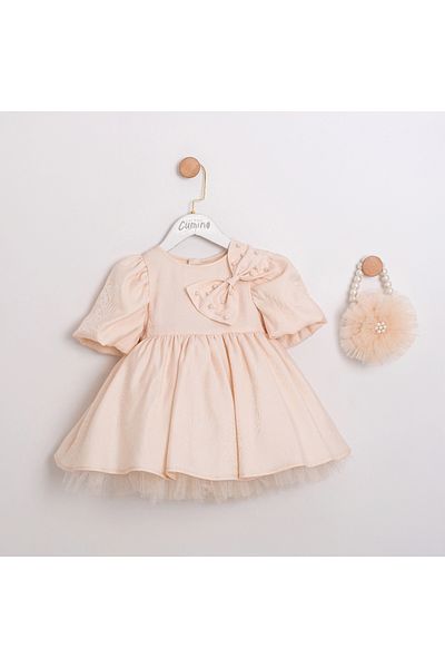 ministok May Collar Bow Detailed Girl's Dress with Bag Accessories