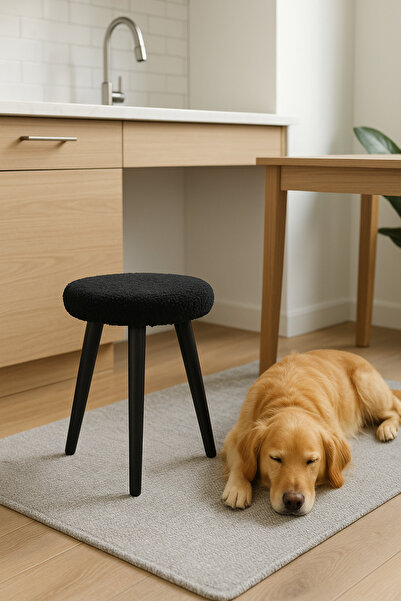 decosense Cozy Peluş Puf Dekoratif Ahşap 3 Siyah Ayaklı Tabure Şık Konforlu Yumuşacık Modern ve Rahat Oturak