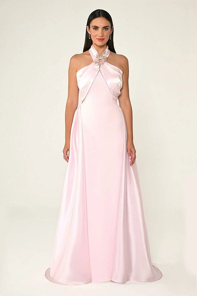 ALFABETA Stylish Evening Dress with Flower Accessories and Belted Waist