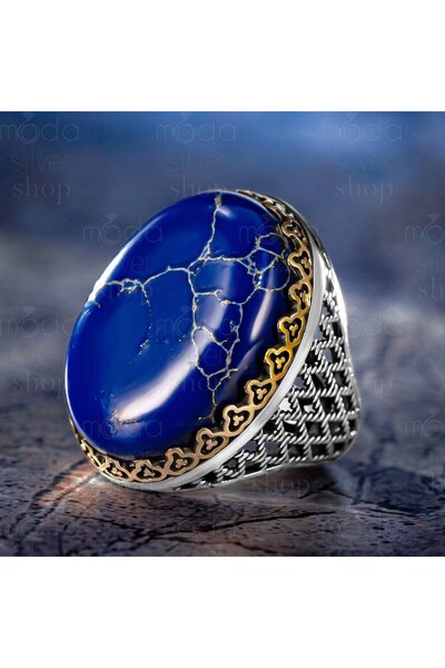 modasilvers 925 Ayar Gümüş Büyük Kasa Oval Lapis Lazuli Taşlı Erkek Yüzük