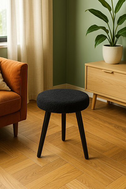 decosense Cozy Peluş Puf Dekoratif Ahşap 3 Siyah Ayaklı Tabure Şık Konforlu Yumuşacık Modern ve Rahat Oturak