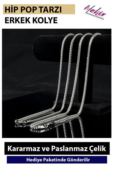 Nehir Steel Mesh Chain Model Stylish 50-55 and 60 cm Length Silver Color 316L Stainless Steel Men's Necklace
