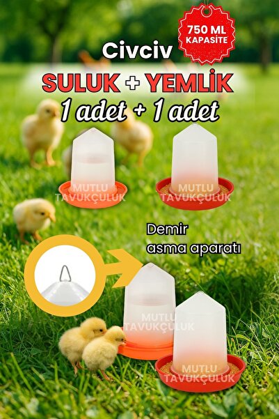 MUTLU TAVUKÇULUK Civciv Başlangıç Suluk Ve Yemlik Takım 750 ml Keklik Güvercin Suluğu Bıldırcın Yemliği