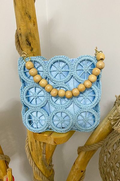 Mila Blue Straw Hand Knitted Ring Motif Lined Bag