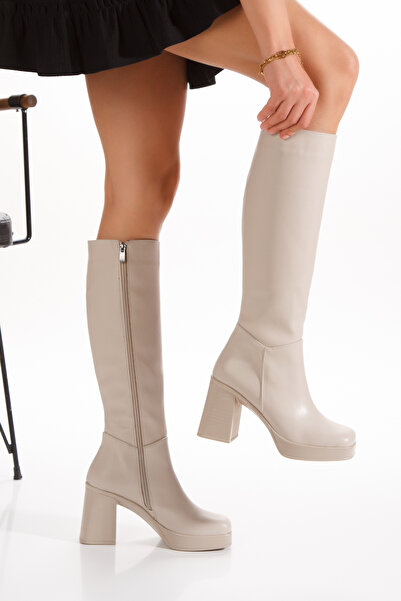 Satenora Seren Beige Blunt Toe Platform Heeled Boots