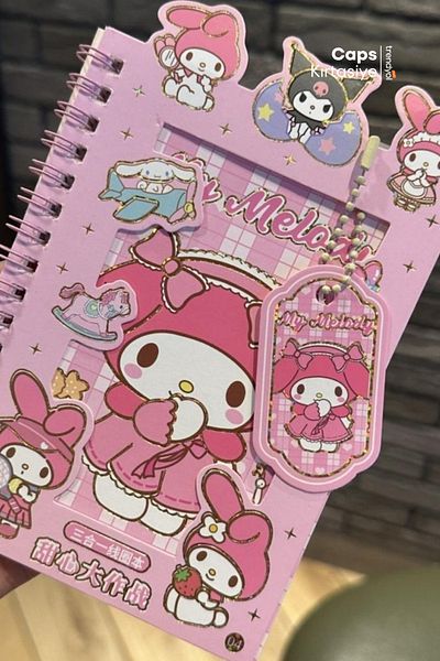 caps office Kuromi & My Melody Sticker + Notebook Set with 2 Keychains 16 Sheets Sticker 8 Sheets Note