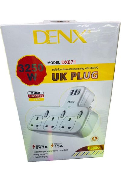 Denx مقبس طاقة DX871 (3 مقابس + 2 USB + 1 بي دي) (DX871)