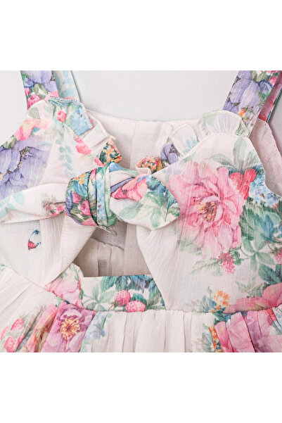 ministok April Çiçek Desenli Cut Out Detaylı Çanta Aksesuarlı Kız Çocuk Elbise