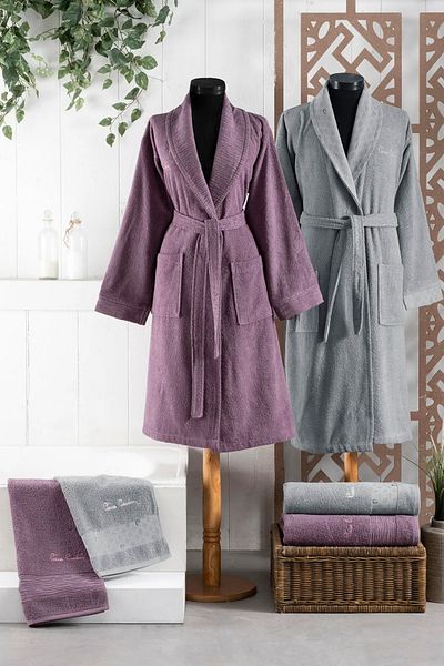 Pierre Cardin Dowry Patterned 100% Cotton 6-Piece Bathrobe Towel Set 2 Bathrobes & 2 Face Towels & 2 Bath Towels