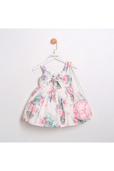 ministok April Floral Patterned Cut Out Detailed Girl's Dress with Bag Accessories