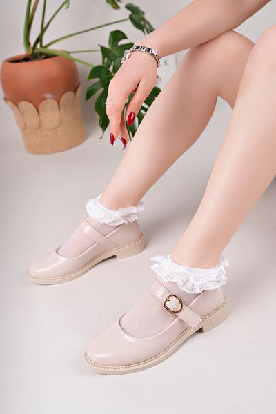pasyone Beige Women's Daily Single Buckle Stylish Ballerinas