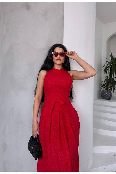 369 etnik butik Rochie maxi în formă de A, fără mâneci, cu guler înalt din dantelă