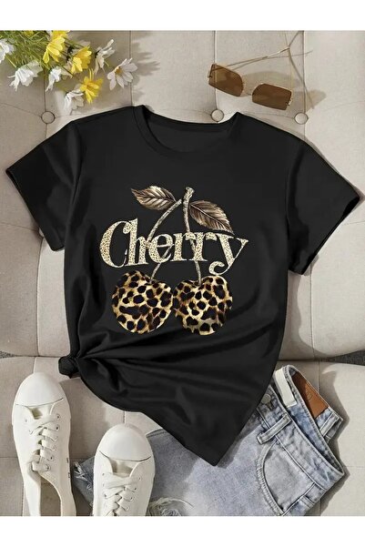 l'eivor Дамска тениска в цвят каки и зелено с леопардов принт с череши