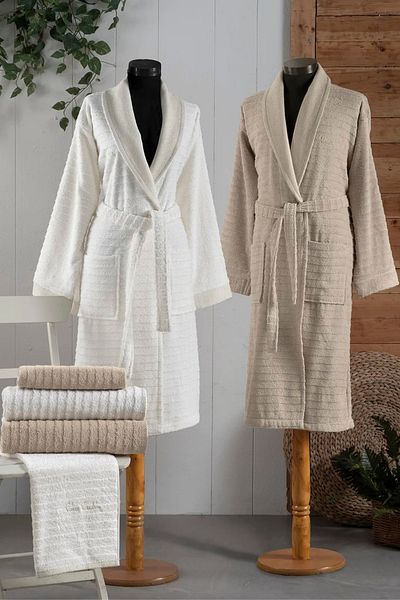 Pierre Cardin Dowry Patterned 100% Cotton 6-Piece Bathrobe Towel Set 2 Bathrobes 2 Face Towels & 2 Bath Towels